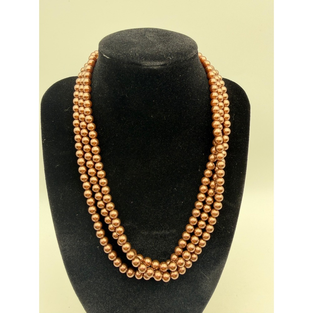 Vintage Faux Pearl Long Strand Necklace Copper Bronze Tone 52 Inch Q053